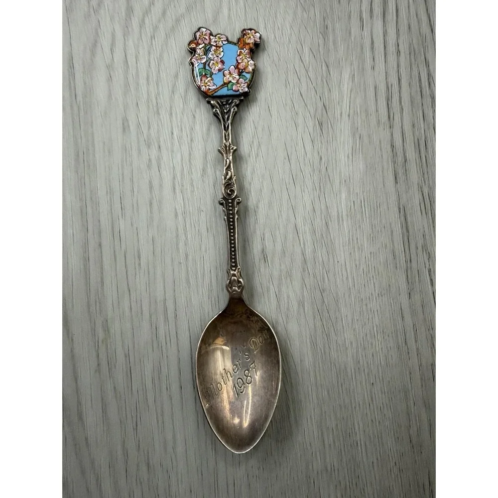 Mother's Day 1987 Holland Apple Blossom Enamel Spoon Silver‎ Plate Dutch